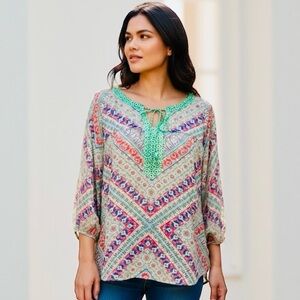 Antropology Fig and Flower blouse top tunic floral print women’s curvy size L